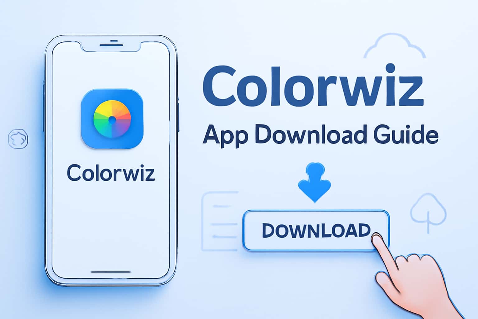 An informative scene showcasing the Colorwiz App Download Guide with a blue theme.